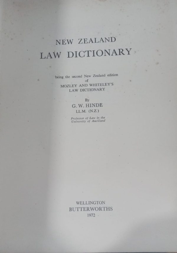 New Zealand Law Dictionary By G W Hinde